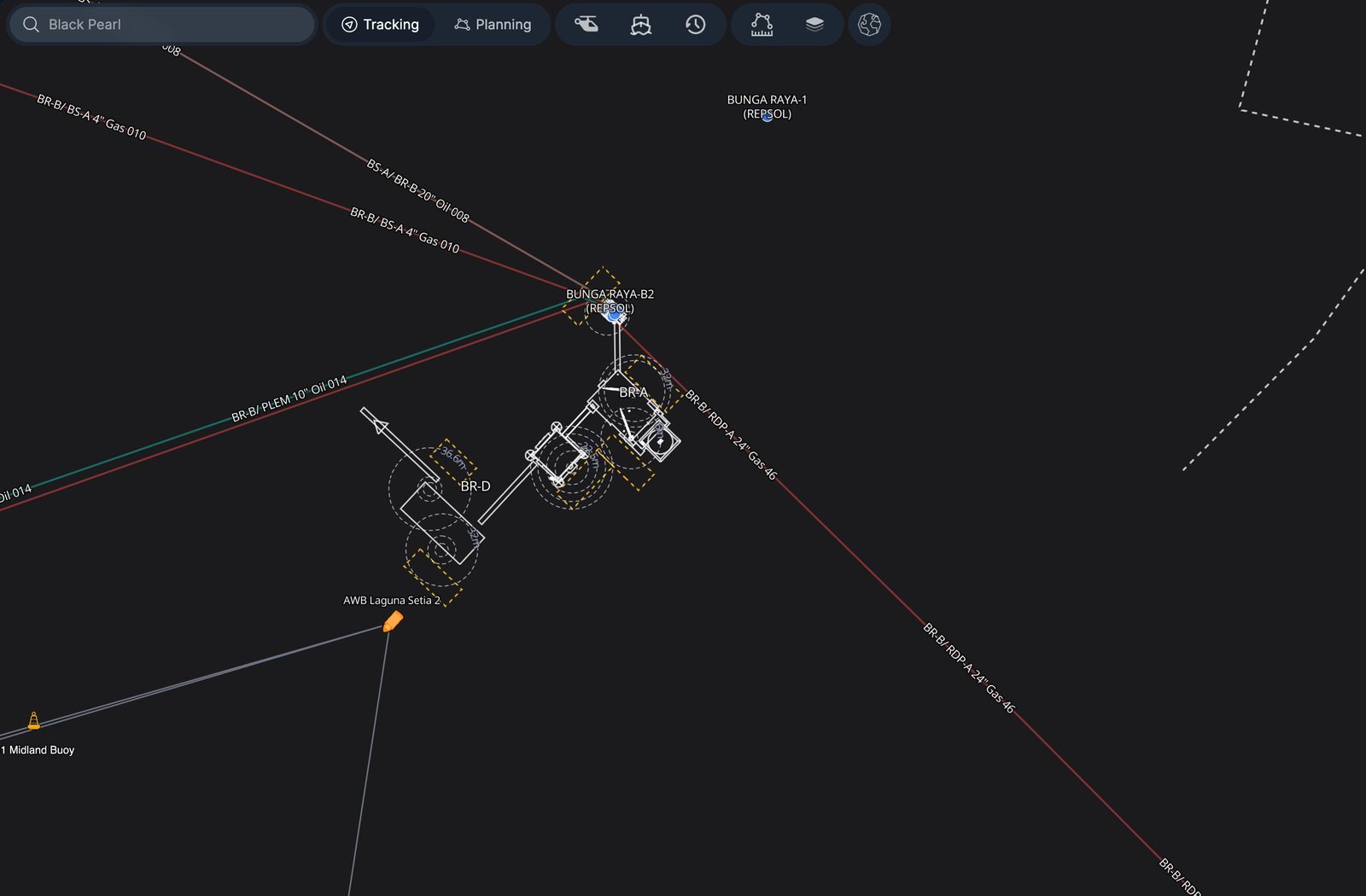 The Bunga Raya platforms and their gas lift and oil lines in Compass.