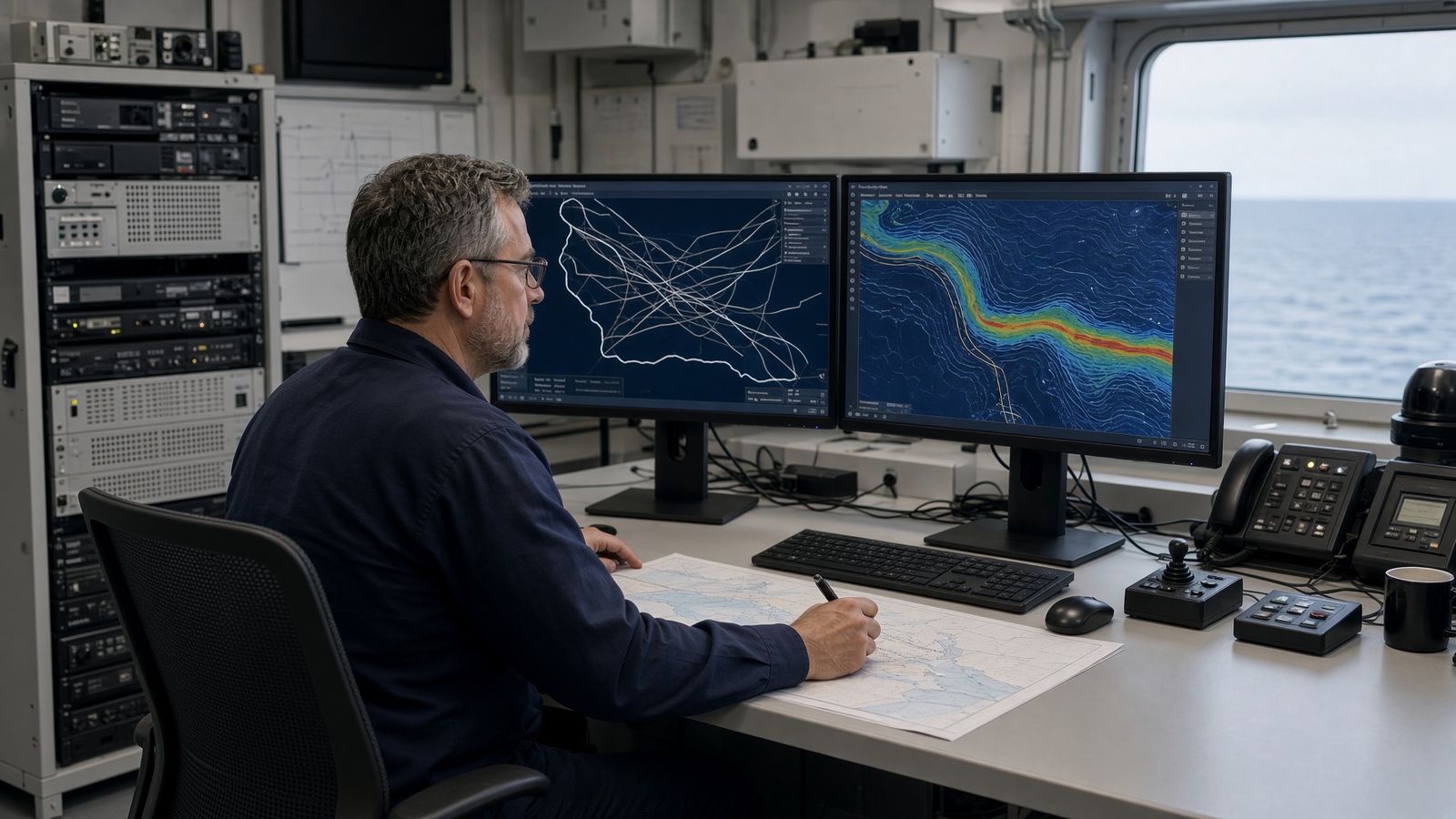 The desk phase: deciding where to look before the survey vessel sails. Illustration.