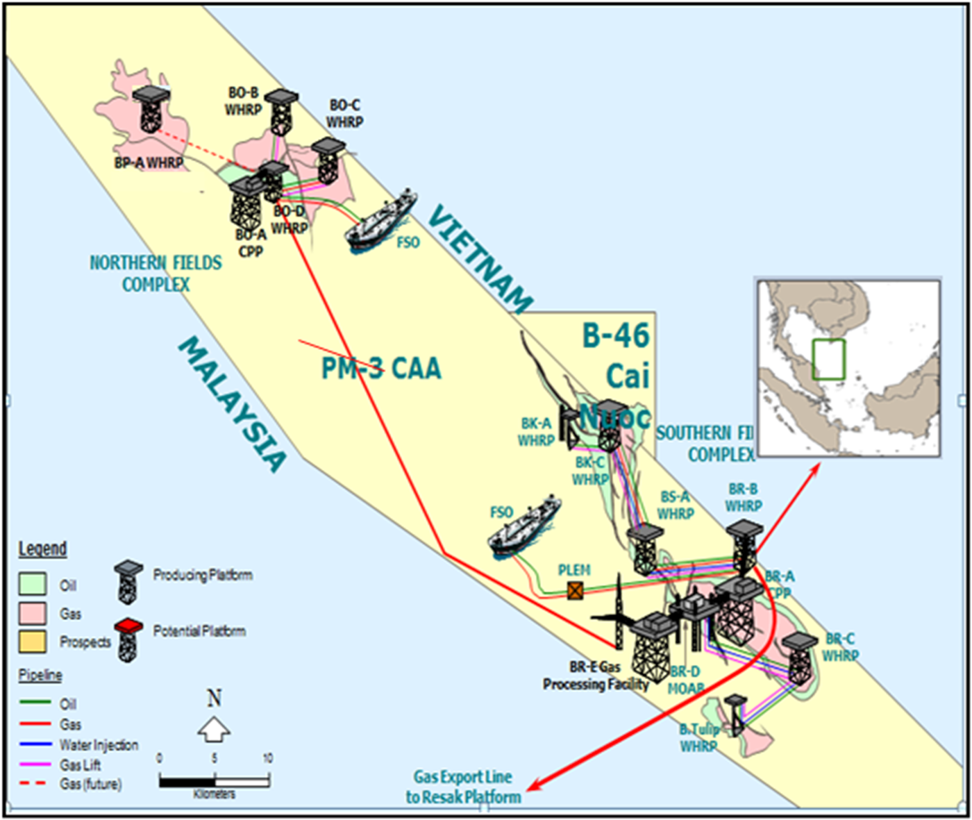 The PM3 CAA field layout: the northern and southern complexes, the FSOs, and the gas export lines. Source: 2025 competent person's report.