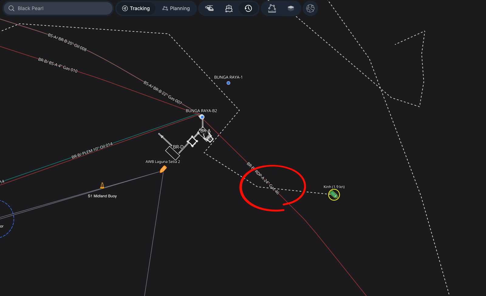 Compass playback. The L Kinh's track crossing the gas line, circled, near the Bunga Raya platforms.