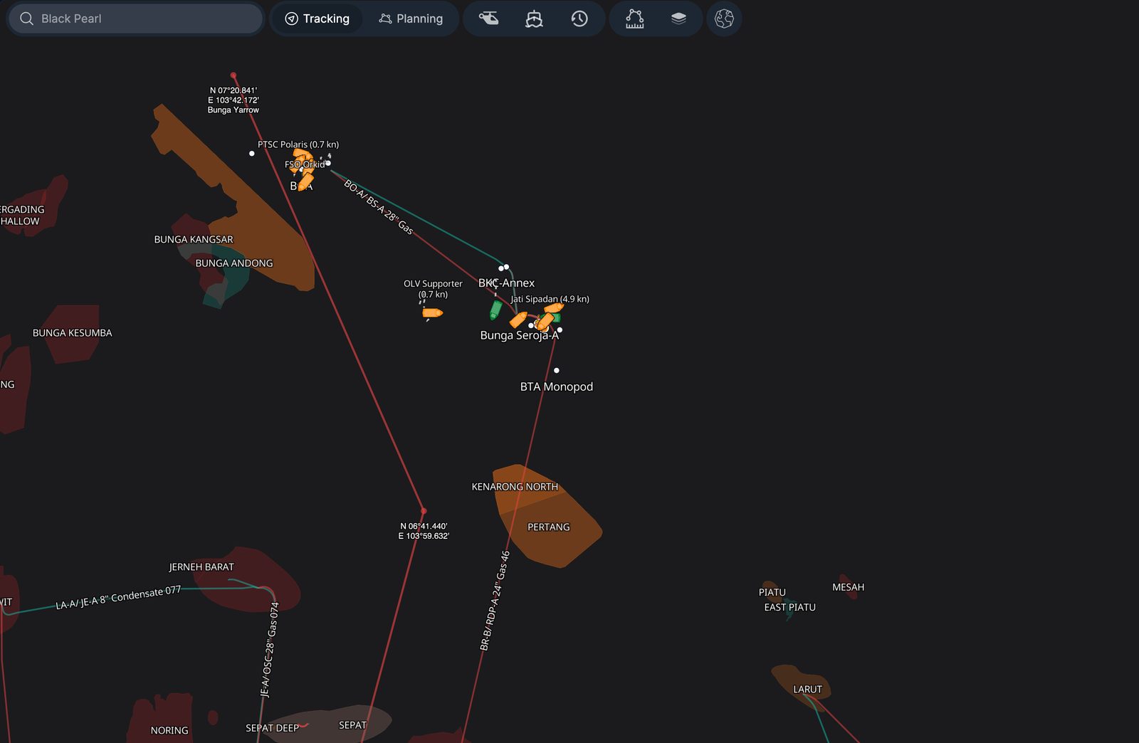 The southern fields: BKC, Bunga Seroja-A and the BTA monopod, with the pipeline network and field outlines.